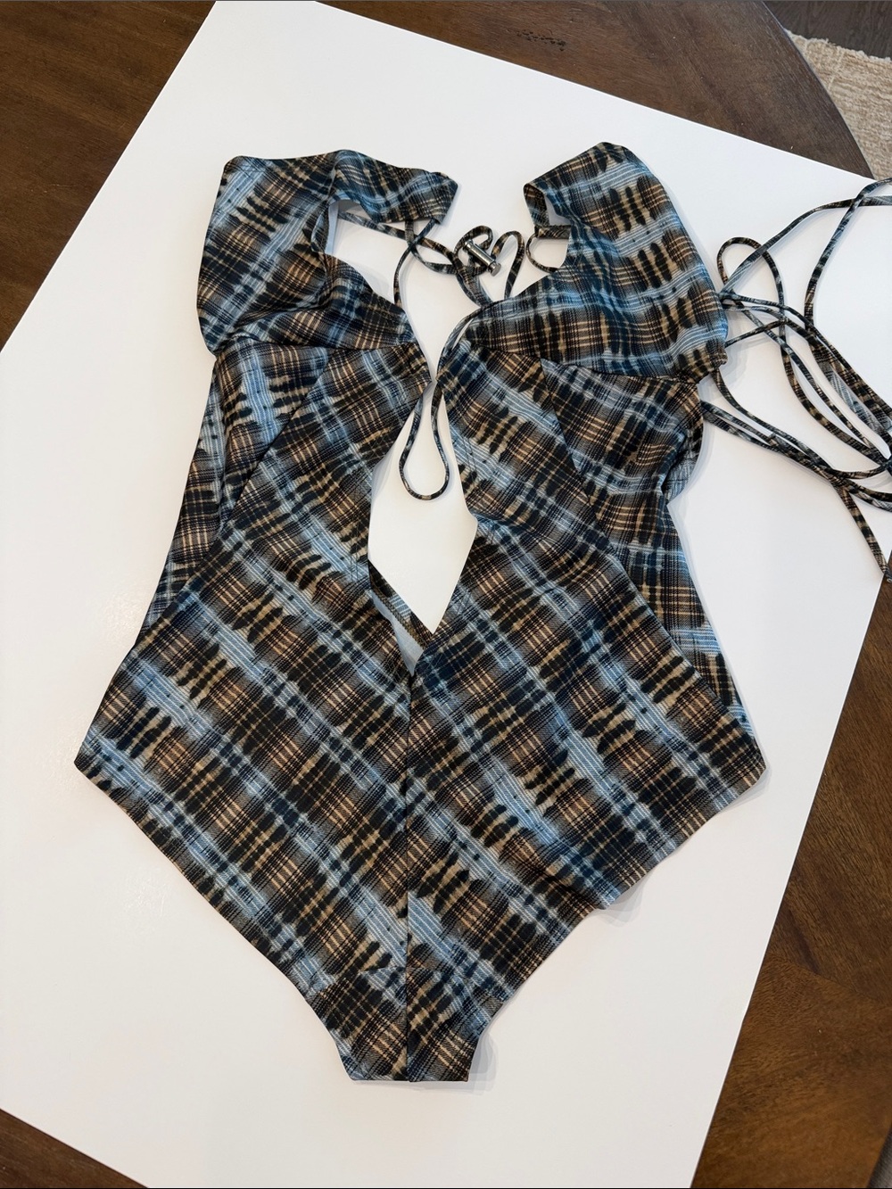 KNWLS Plaid Halter Tie-Back Bodysuit in Blue and Black
